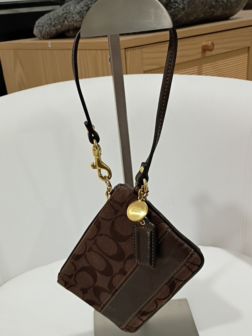 Coach Brown Signature Jacquard Wristlet with Legacy Lining And Gold Accents